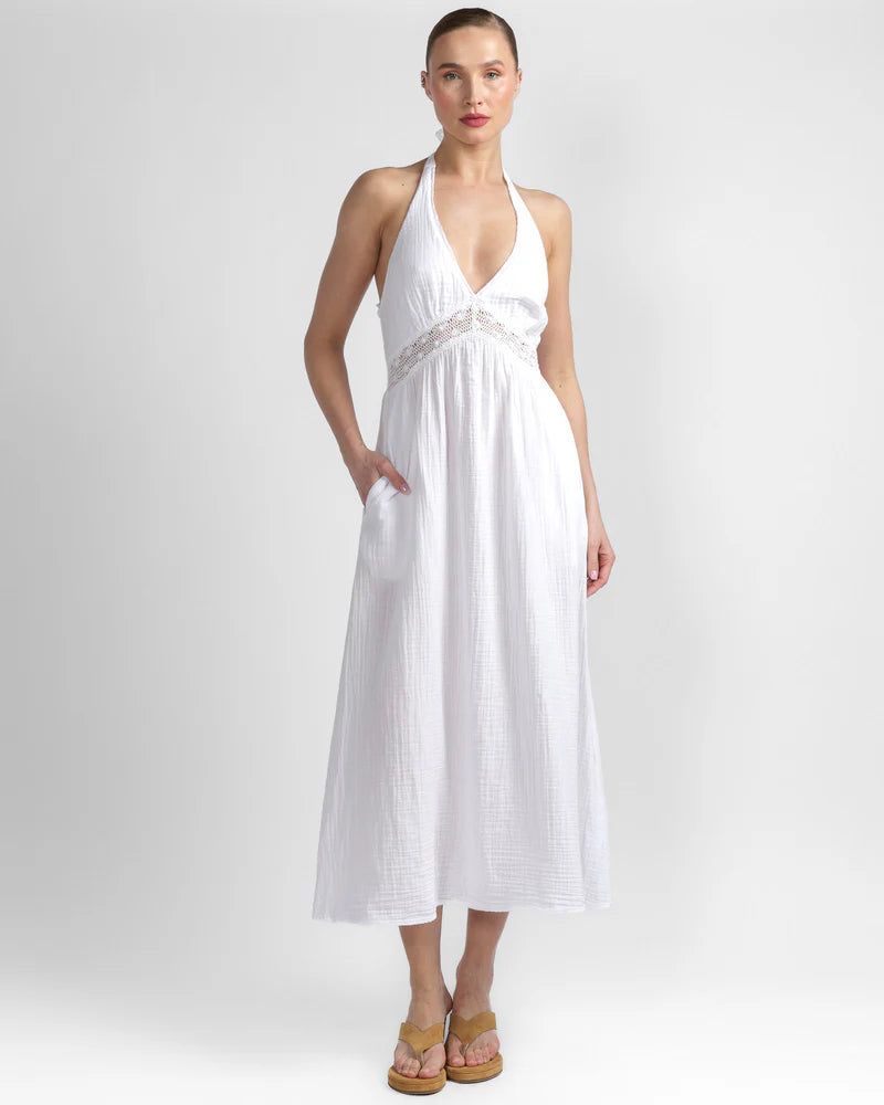 ROMY Halter Gauze Dress in White