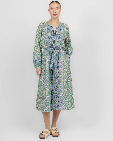NICOLA Silk/Cotton Long Sleeve Dress in Blue Mint