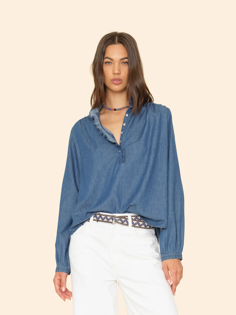 CASPIAN Ruffle Denim Shirt in Blue Rinse