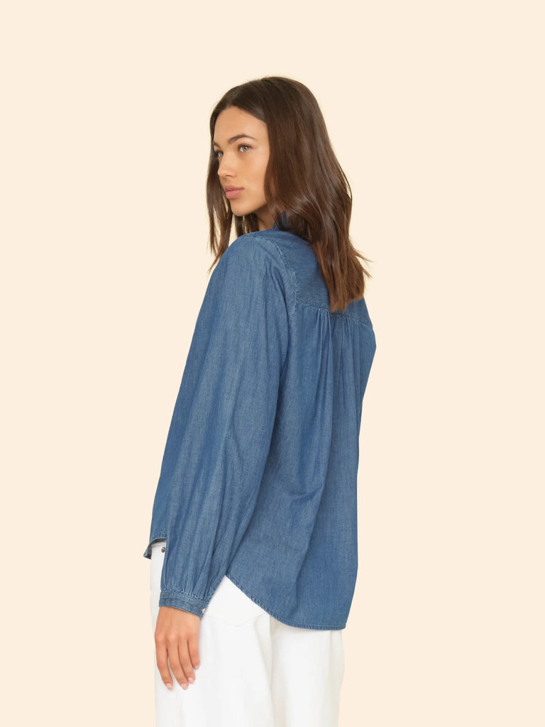 CASPIAN Ruffle Denim Shirt in Blue Rinse