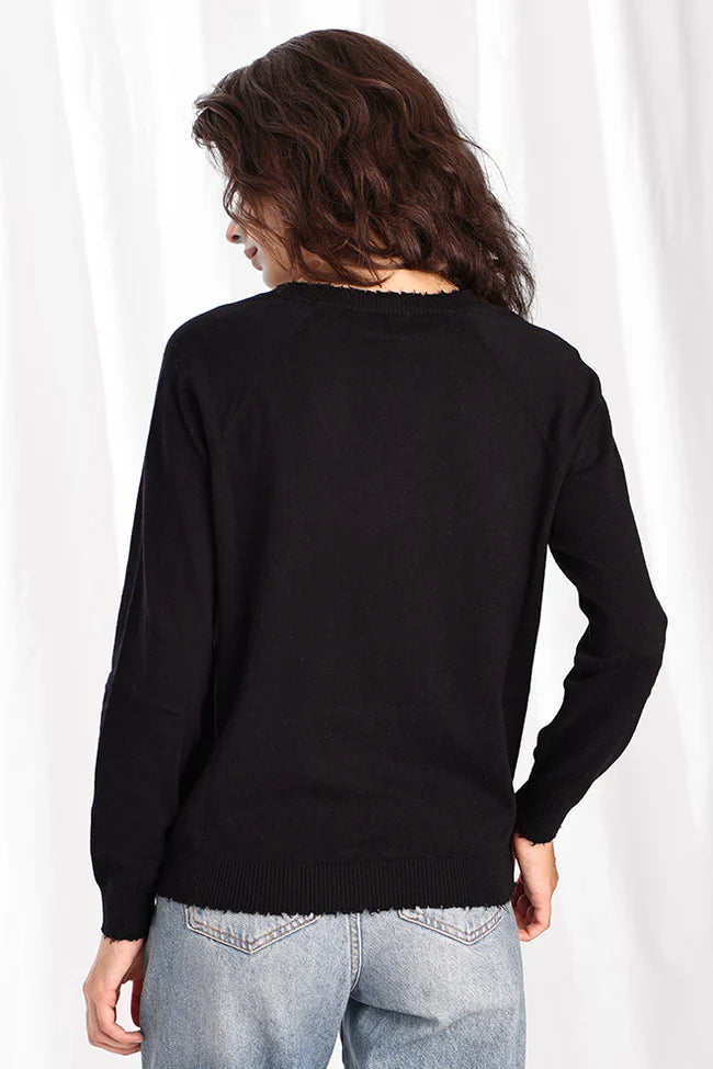 Cashmere/Cotton Frayed Edge V-Neck in Black