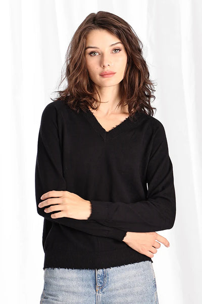 Cashmere/Cotton Frayed Edge V-Neck in Black