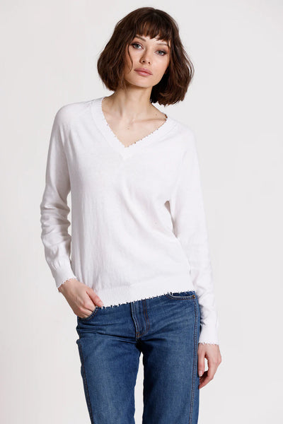 Cashmere/Cotton Frayed Edge V-Neck in White
