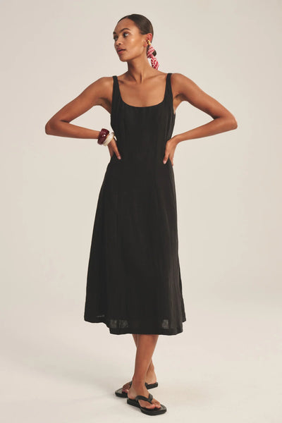 AUSTEN Linen Square Neck Dress in Black