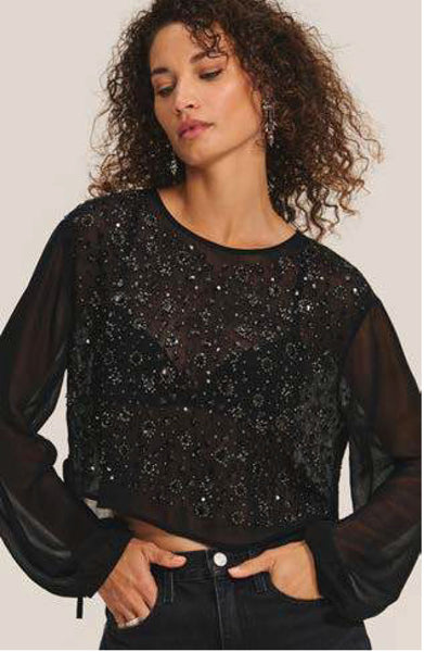 MARLOWE Long Sleeve Sequin Blouse in Black