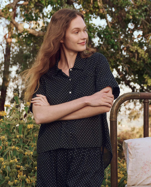 Short Sleeve Pajama Shirt in Mini Black Polka Dot