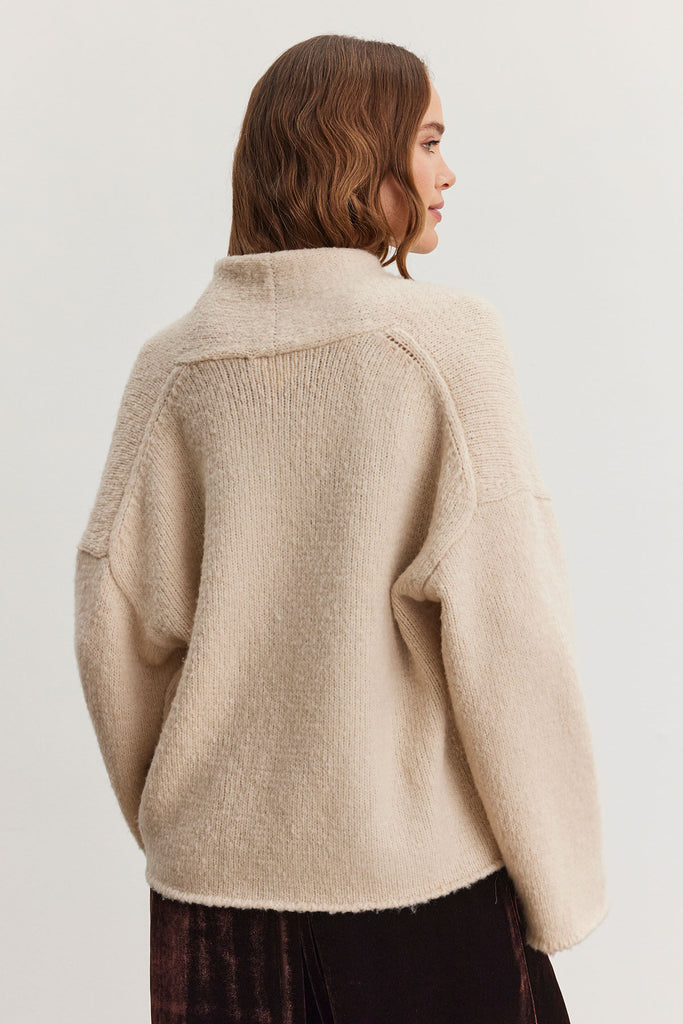 CHANSON Wool Open Cardigan with Pearl Pin in Beige