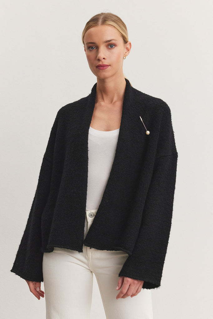 CHANSON Wool Open Cardigan with Pearl Pin in Black