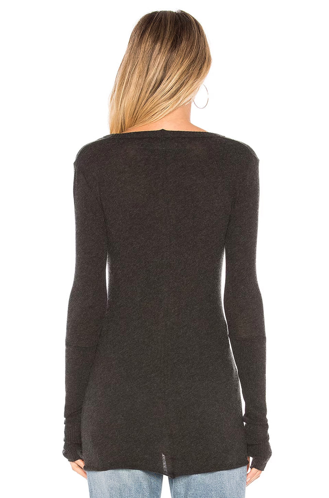 Cotton/Cashmere Cuffed V-Neck in Charcoal
