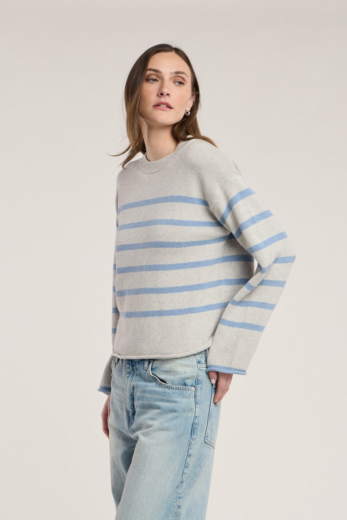 LUCIA Cotton/Cashmere Striped Crew Sweater in Light Heather