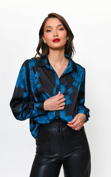 KODIE Satin Long Sleeve Blouse in Black Sketched Spacious Floral