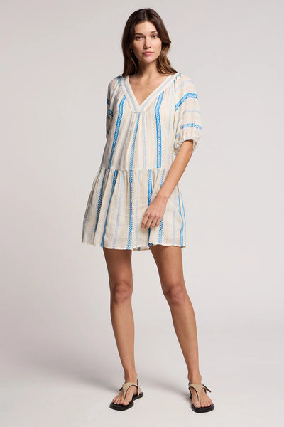SELITA Short Sleeve Dress in Cream/Blue