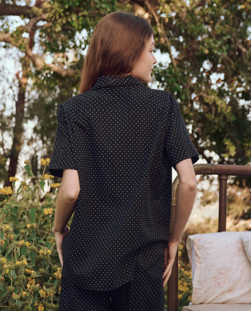 Short Sleeve Pajama Shirt in Mini Black Polka Dot