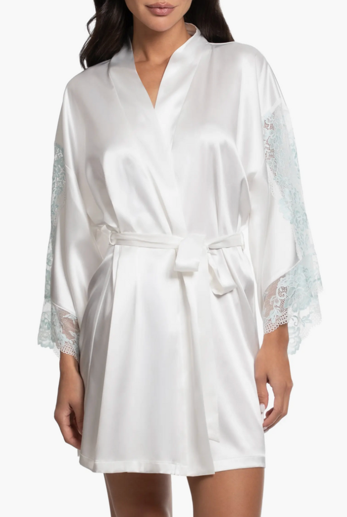 LILLIE Satin & Lace Robe in Ivory/Mint