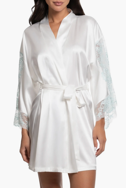 LILLIE Satin & Lace Robe in Ivory/Mint