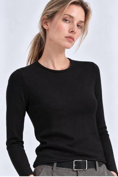 Cotton/Silk Rolled Edge Crew Neck in Black
