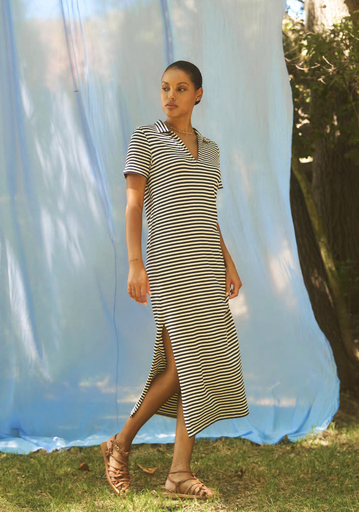 KHAN Collared Maxi T-Shirt Dress in Navy Stripe