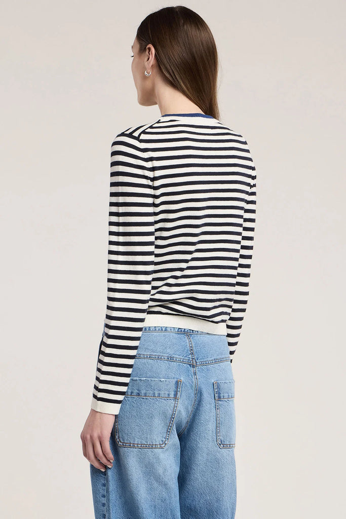 ROXY Cotton/Cashmere Striped Crew Sweater in Navy
