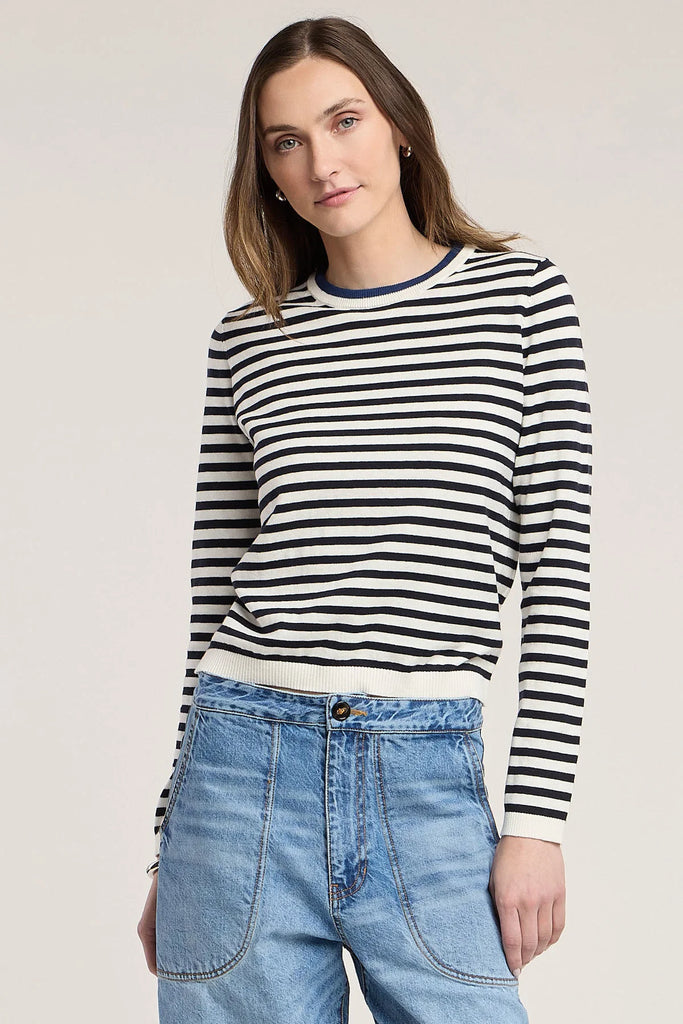 ROXY Cotton/Cashmere Striped Crew Sweater in Navy