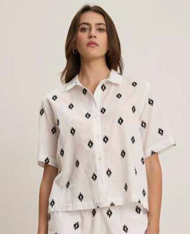 MACY Embroidered Short Sleeve Blouse in White