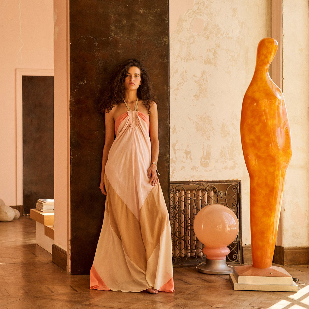 MAYLA Silk/Cotton Halter Tie Dress in Blush Tone MAYLA Silk/Cotton Halter Tie Dress in Blush Tone