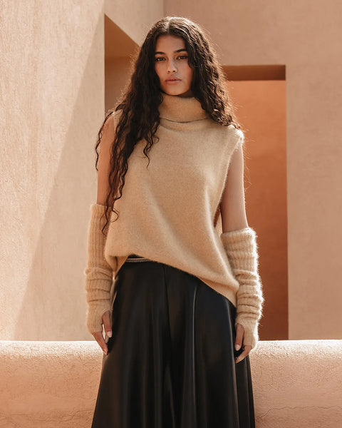 RANA Wool Sleeveless Turtleneck Sweater in Camel