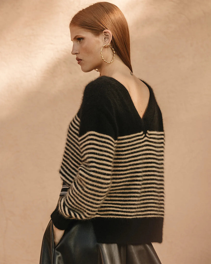 RINA Wool Striped Sweater in Black/Camel