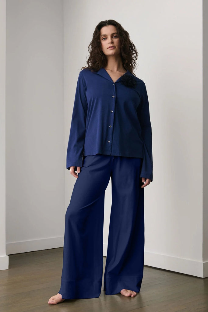 CAMELLIA Long PJ Set with Flower Pin in Marine Blue