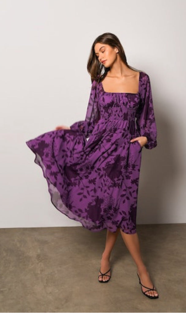 PHOENIX Square Neck Midi Dress in Mulberry Floral Christina's Luxuries PHOENIX Square Neck Midi Dress in Mulberry Floral Christina's Luxuries