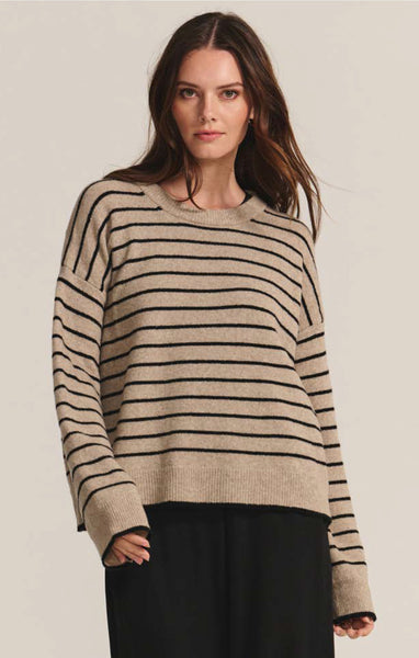 ROMY Striped Crew Sweater in Oatmeal/Black