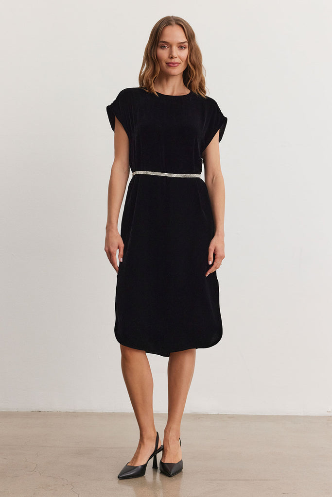 HARPER Velvet Dress with Rhinestone Belt in Black HARPER Velvet Dress with Rhinestone Belt in Black