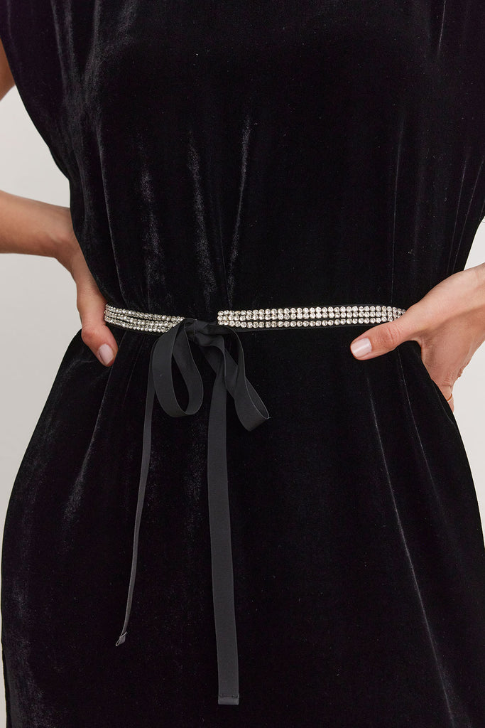 HARPER Velvet Dress with Rhinestone Belt in Black