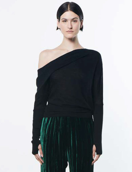 Wool/Cashmere Tissue Off Shoulder Slouch Sweater in Black