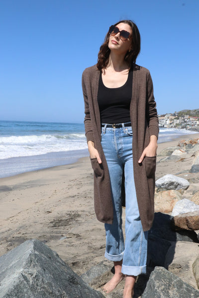 Wool/Cashmere Long Open Cardigan in Toast