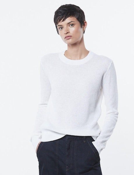 Linen Open Knit Crew Neck Sweater in White