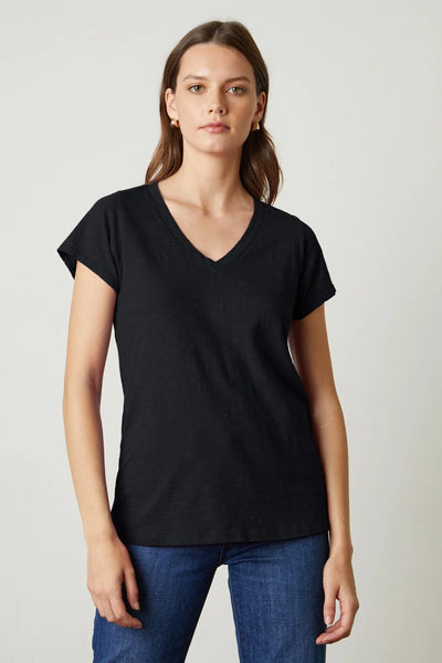 JILIAN Short Sleeve V-Neck Tee in Black