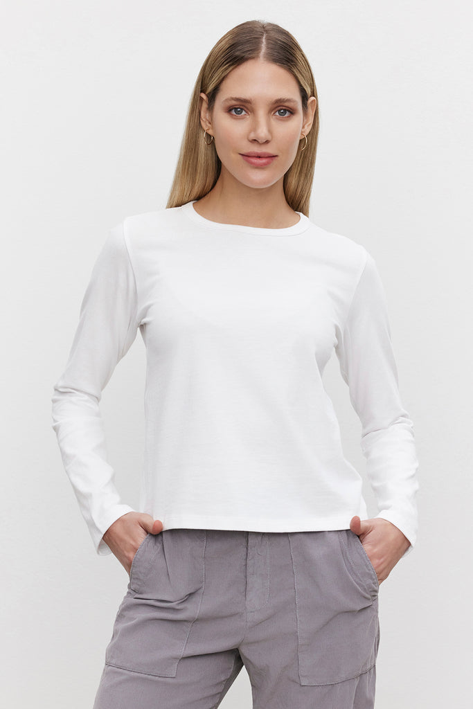 SUSANNA Long Sleeve Crop Crew Tee in White