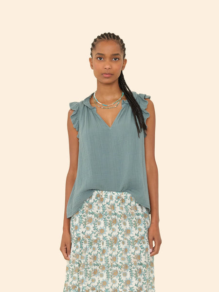 BEX Sleeveless Ruffle Gauze Top in Dusty Sage