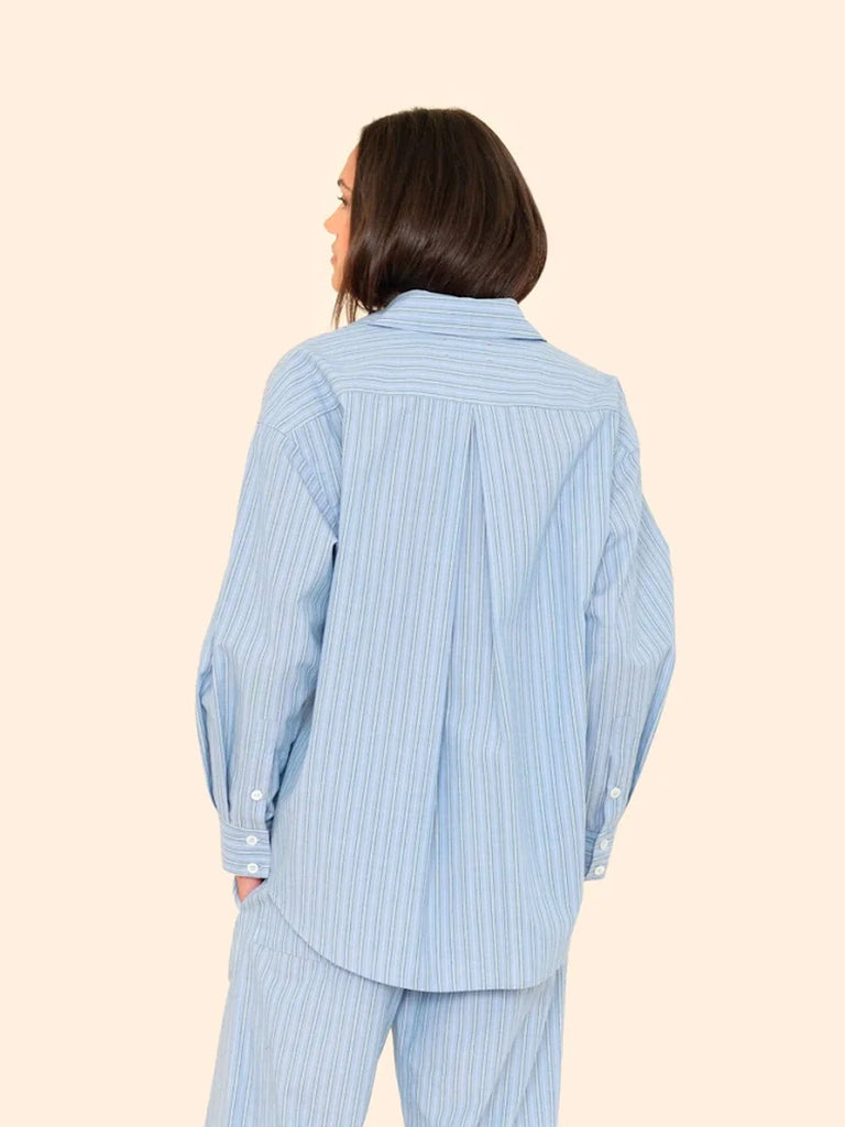 HAYVEN Long Sleeve Shirt in Chambray Teal Stripe