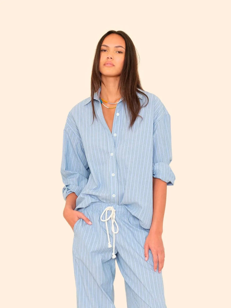 HAYVEN Long Sleeve Shirt in Chambray Teal Stripe