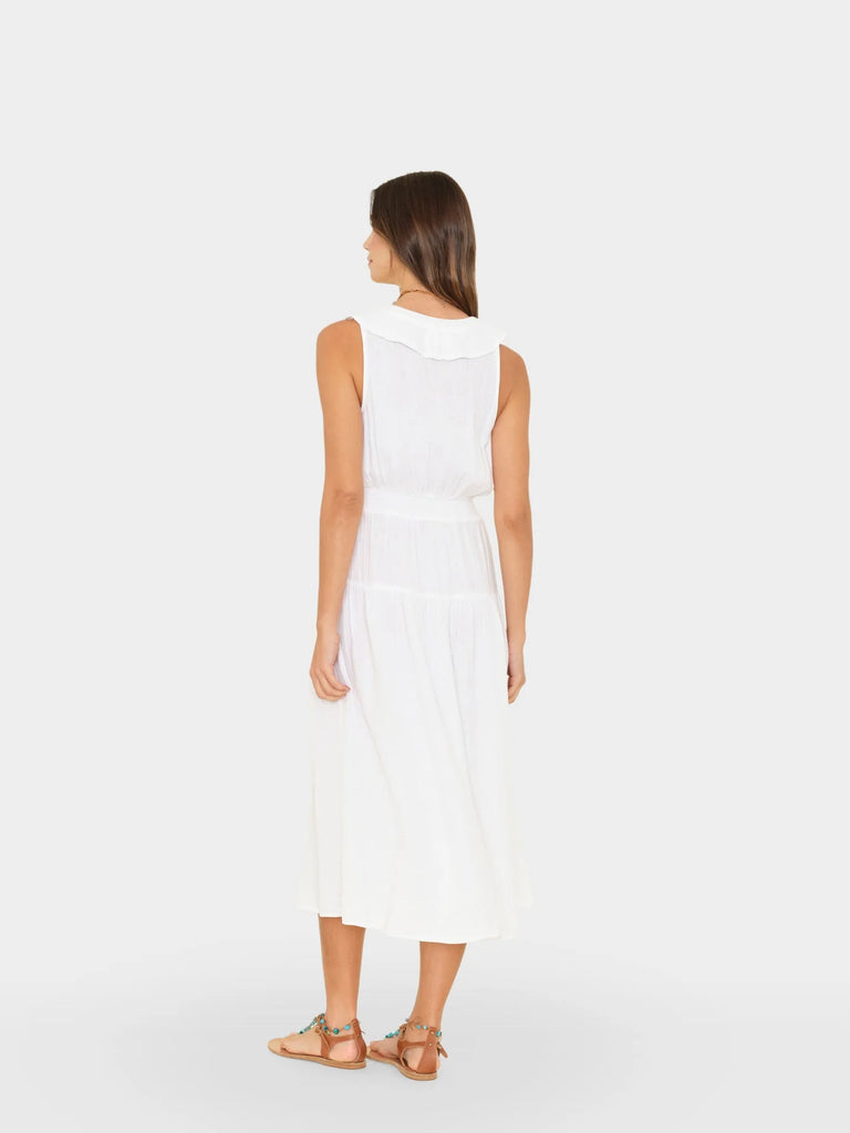 DESA Ruffle Neck Gauze Midi Dress in White
