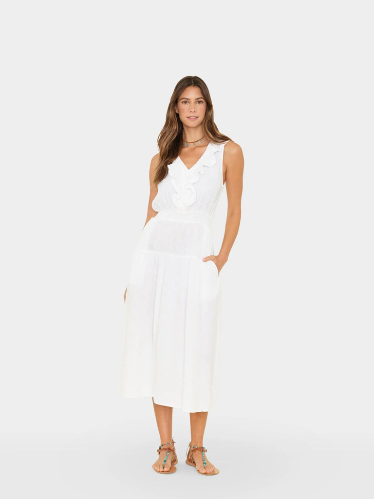 DESA Ruffle Neck Gauze Midi Dress in White – Christina's Luxuries DESA Ruffle Neck Gauze Midi Dress in White – Christina's Luxuries