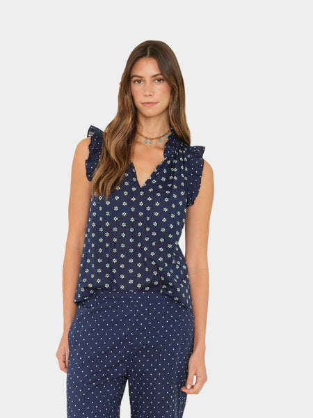 BEX Sleeveless Ruffle Top in Navy Daisy
