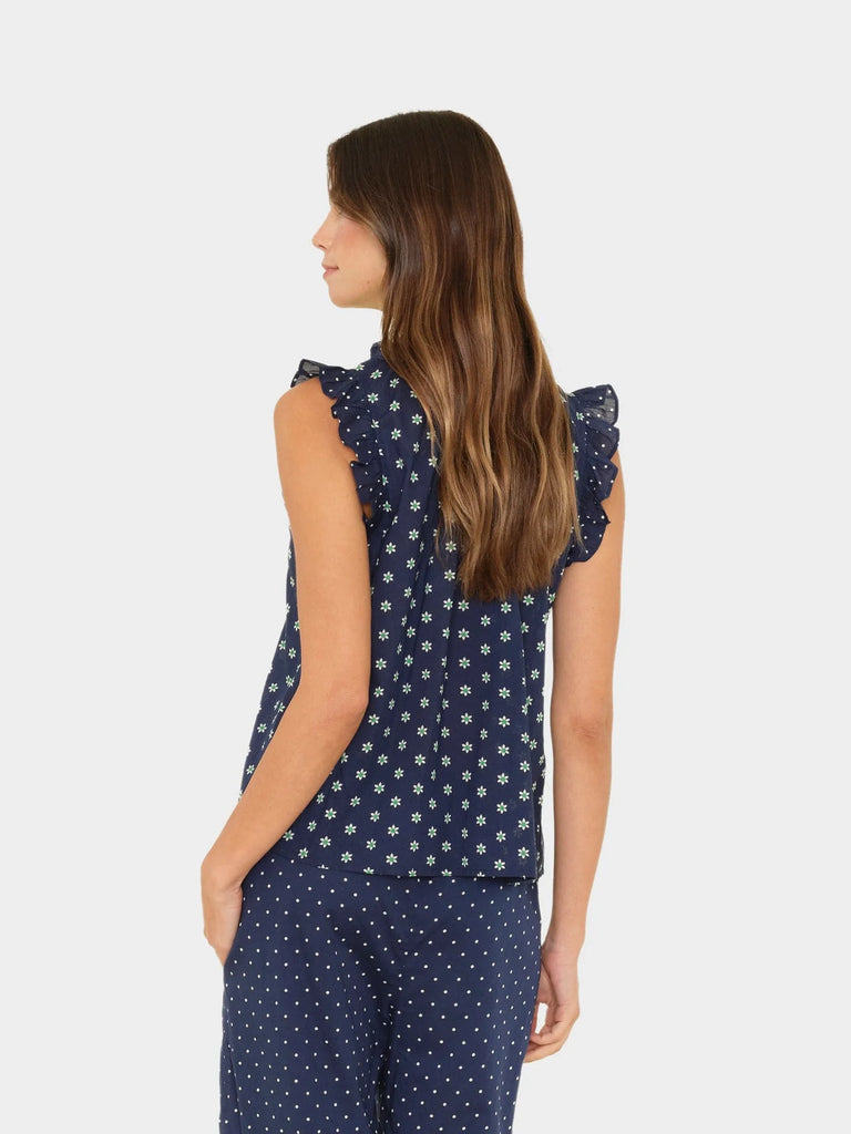BEX Sleeveless Ruffle Top in Navy Daisy
