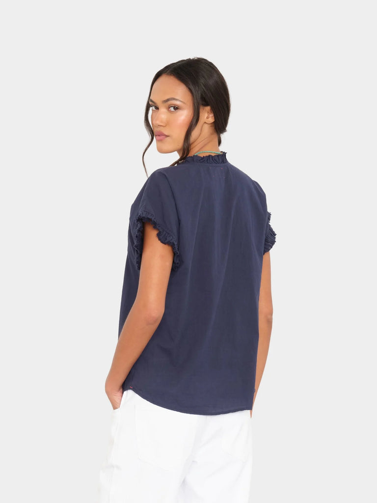 DARCY Ruffle Short Sleeve Top in Navy