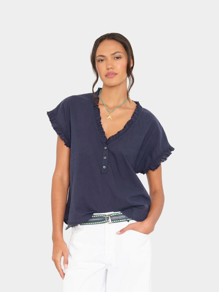 DARCY Ruffle Short Sleeve Top in Navy