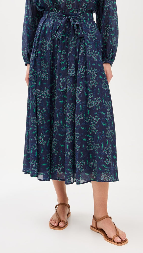 TARA Silk/Cotton Midi Skirt in Navy Green