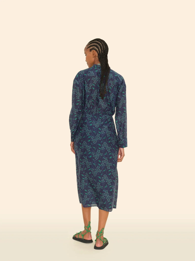 ALANA Silk/Cotton Tie Waist Dress in Navy Green