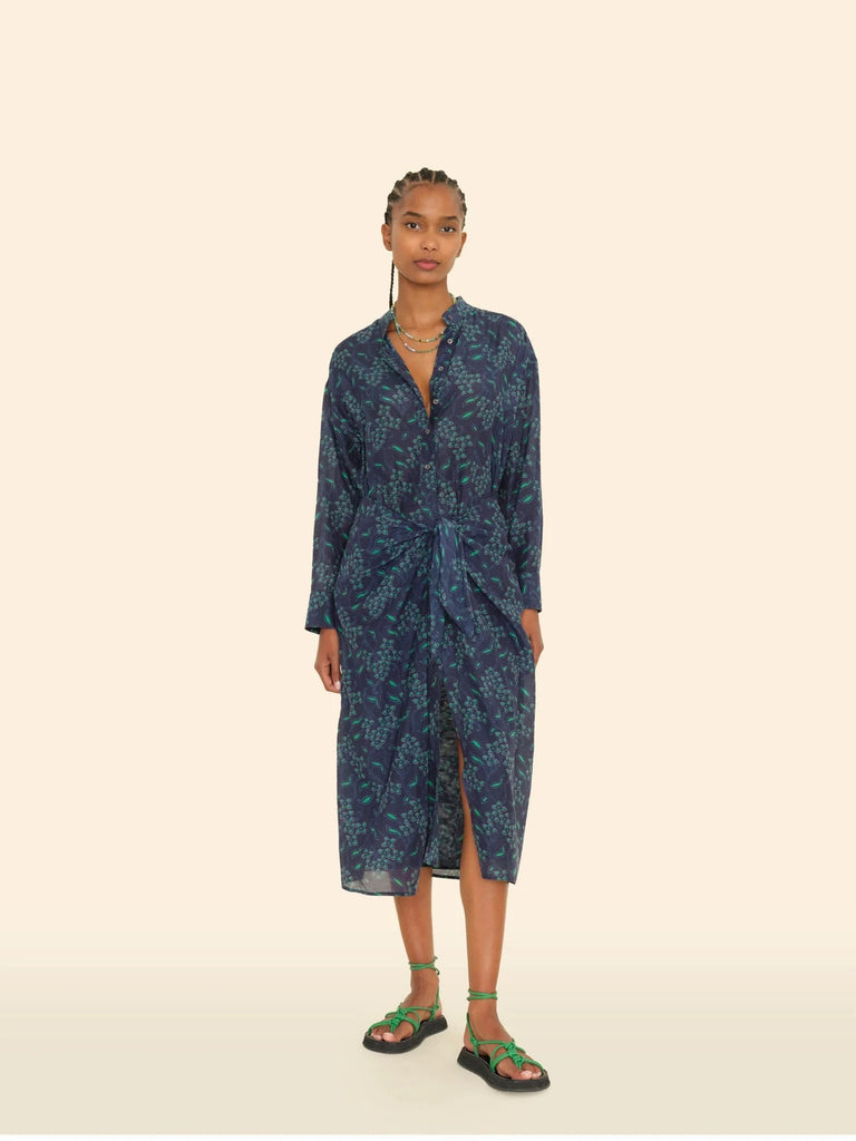 ALANA Silk/Cotton Tie Waist Dress in Navy Green