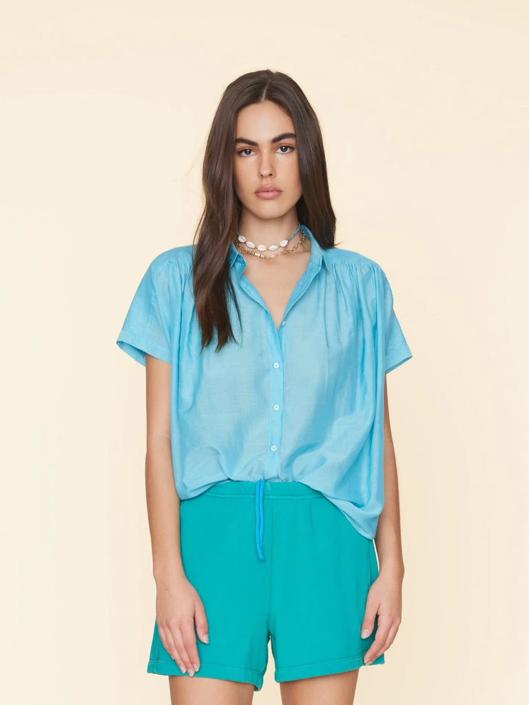 PAXTON Silk/Cotton Shirred Short Sleeve Shirt in Balboa Blue